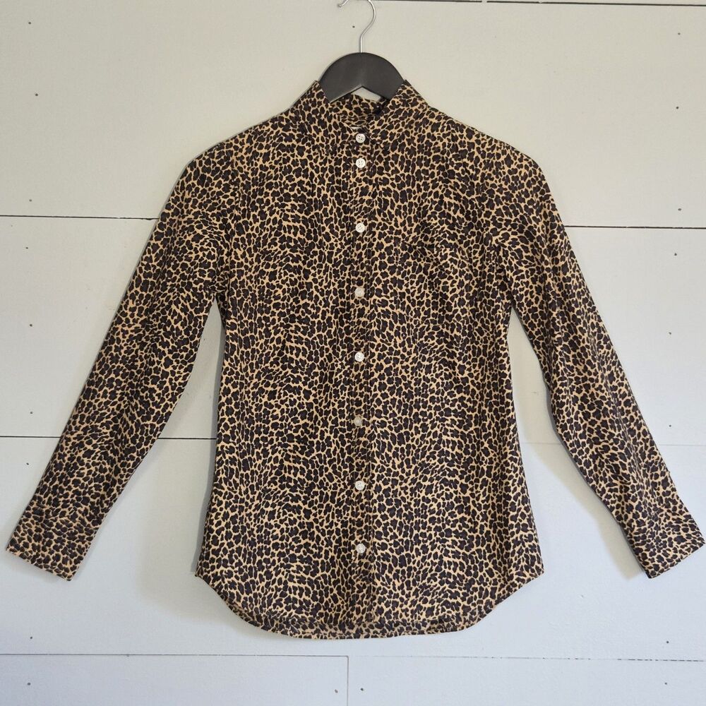 Women XXS Brown Black Leopard Animal Print Woven Cotton Collared Button-Up Top